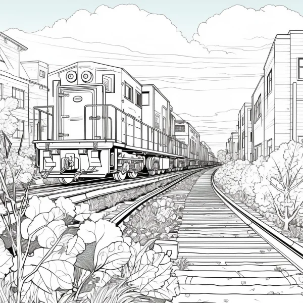 Freight train on urban railway tracks, realistic illustration style — free printable city coloring book page
