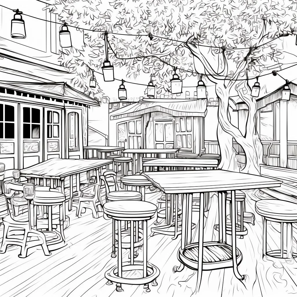 Outdoor cafe patio scene with wooden tables, stools — realistic style — moderate detail — line art coloring page — for kids and adults of all ages