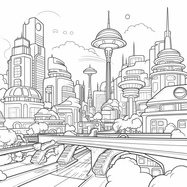 Futuristic cityscape with skyscrapers, domed buildings — free printable sci-fi coloring book page