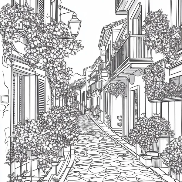 European town alley with cobblestone road, realistic line art style — free printable natural scenery coloring book page