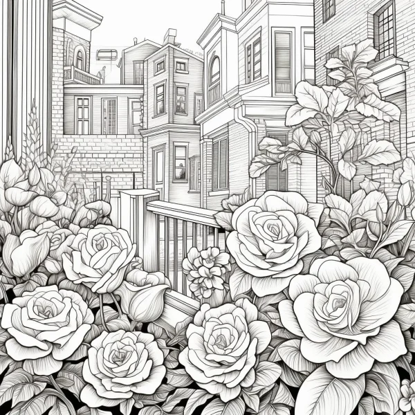 Detailed roses with buds and leaves in front of urban city buildings, realistic line art style — free printable flowers coloring book page