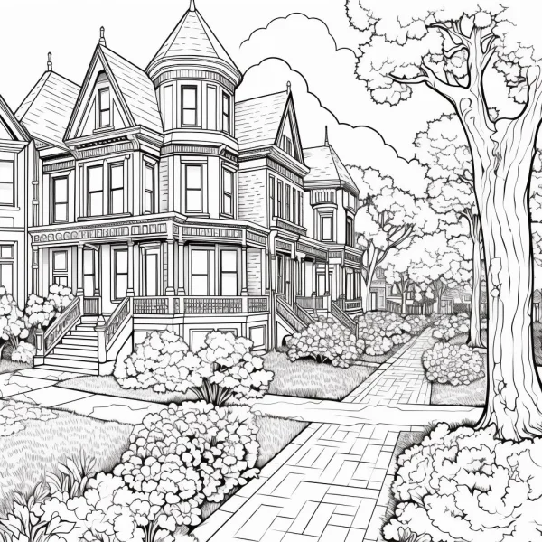Row of victorian-style houses, realistic line art — free printable life coloring book page