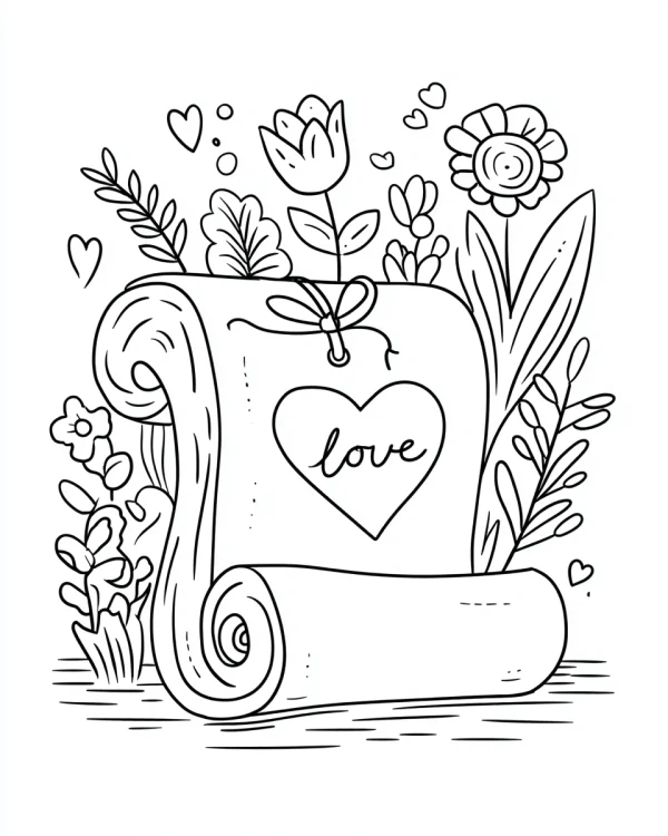 Scroll with heart and 'love' handwritten text, surrounded by various flowers — free printable flowers coloring book page