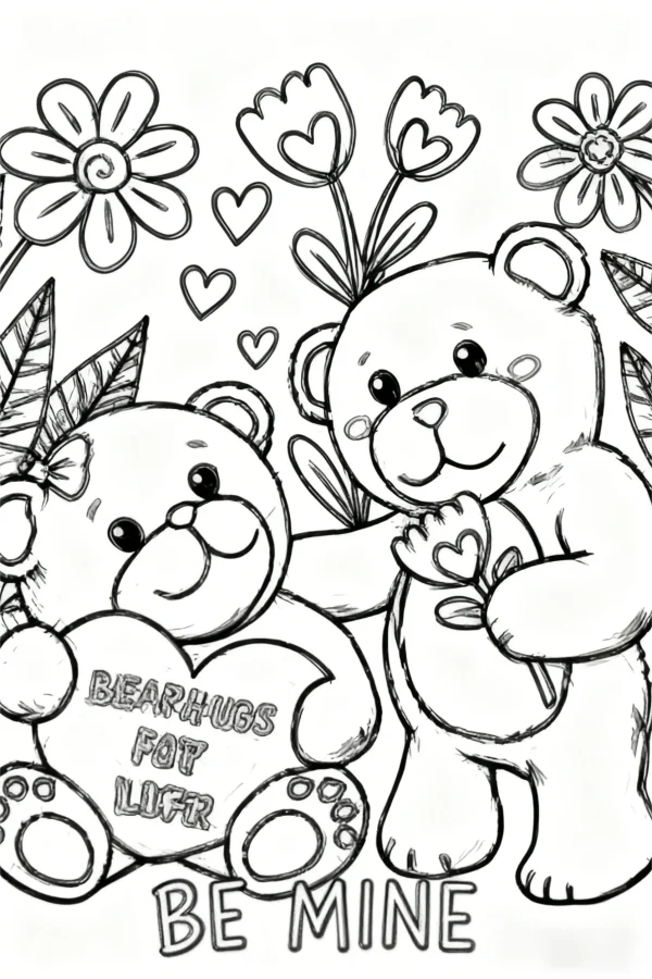 Two cute teddy bears with heart and flowers, cartoon style — free printable love coloring book page
