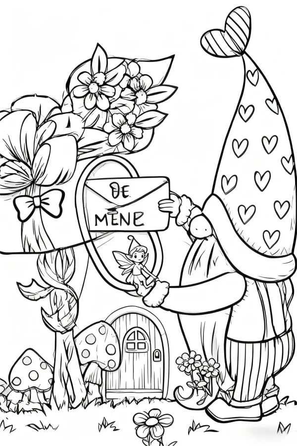 Heart-patterned hat gnome holding an envelope, cartoon style — free printable fantasy coloring book page