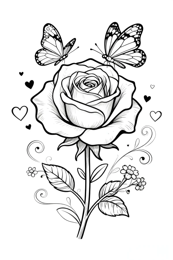 Rose with butterflies perched on the petals, fine clean outlines — free printable flowers coloring book page