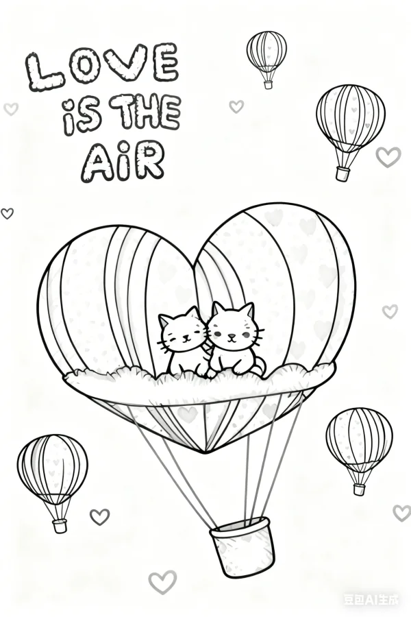 Two cute cats in heart-shaped hot air balloon, cartoon style — free printable love coloring book page