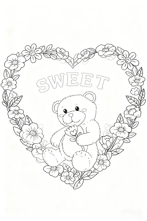Cute teddy bear holding small flower, inside heart-shaped floral wreath with leaves and vines — free printable life coloring book page