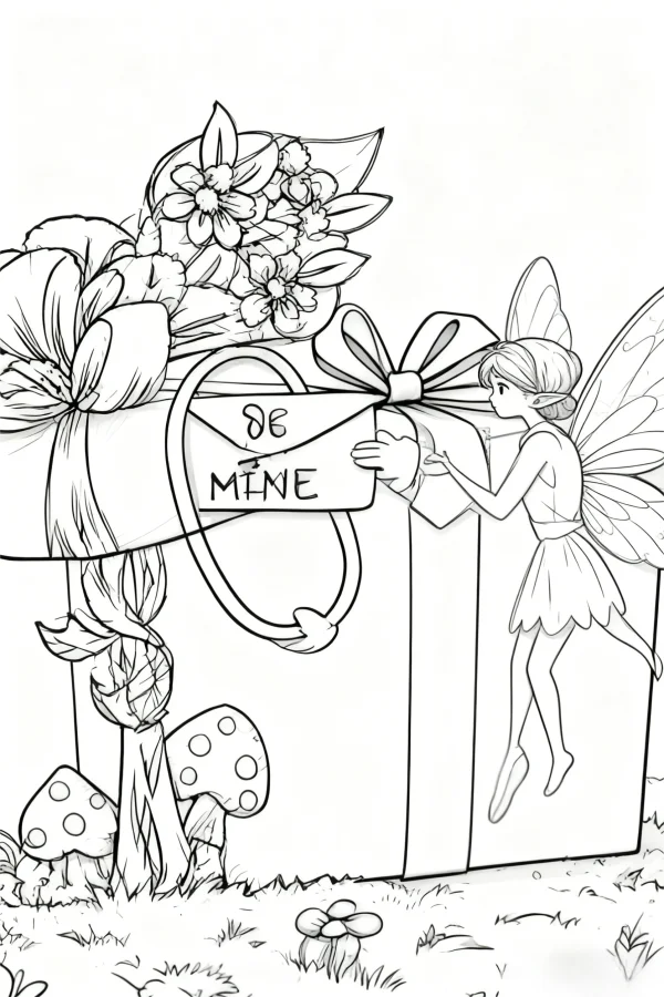 Fairy holding a large gift box with envelope written 'be mine', valentine's day theme — free printable imagination coloring book page