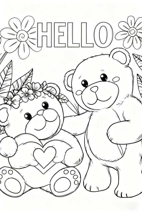 Two cute cartoon teddy bears, one holding a heart and one wearing a flower wreath — free printable flowers coloring book page