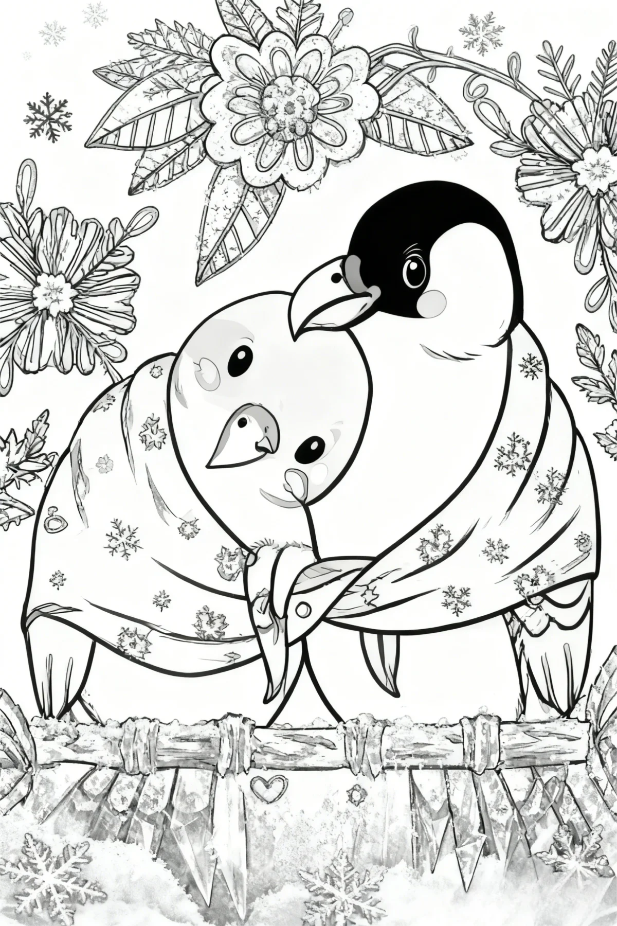 Cute penguin family wrapped in a snowflake-patterned blanket, cartoon style — cartoon style — moderate detail — line art coloring page — for kids and adults of all ages