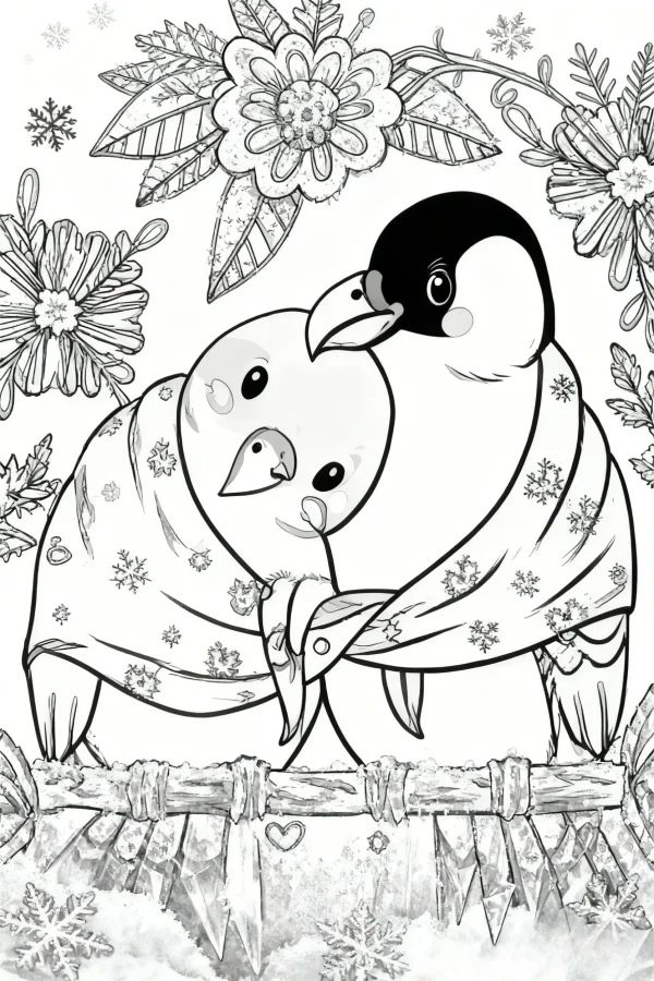 Cute penguin family wrapped in a snowflake-patterned blanket, cartoon style — free printable family coloring book page