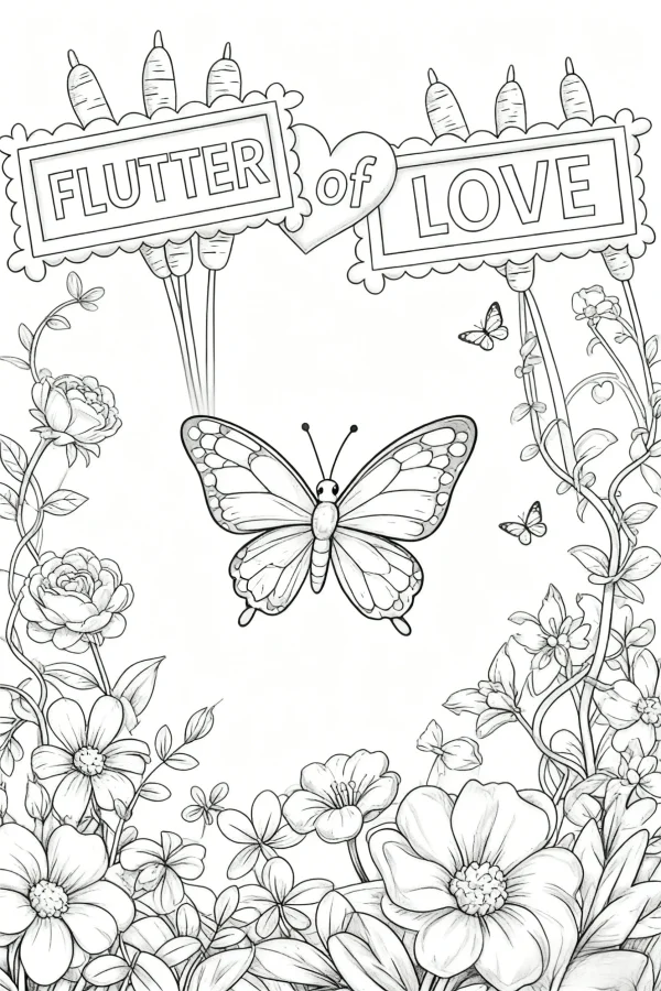 Coloring book page, butterfly surrounded by flowers and vines — free printable flowers coloring book page