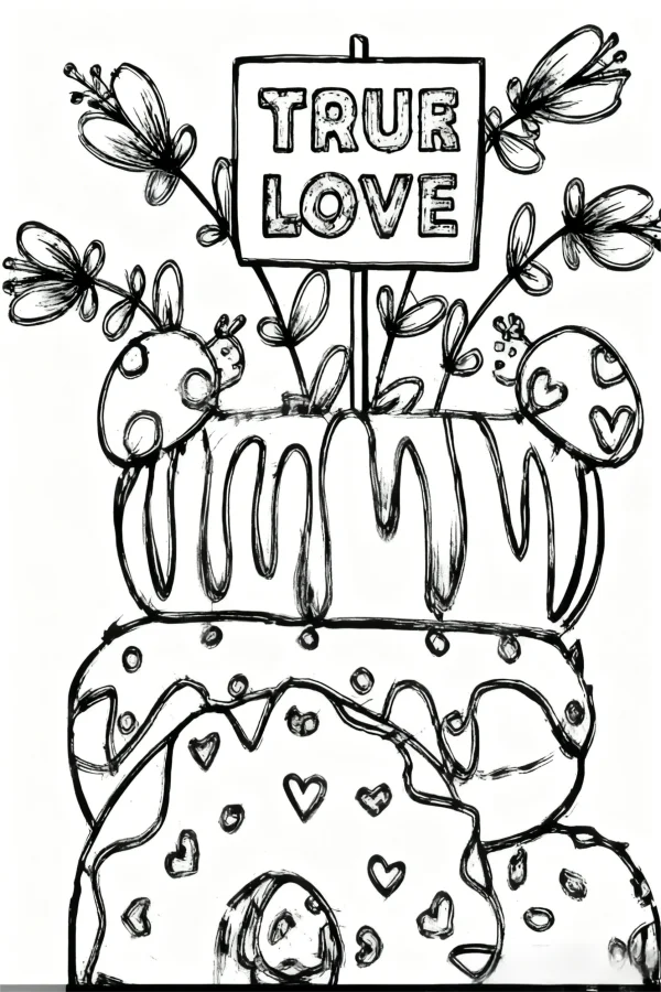 Three-tiered cake decorated with hearts and ladybugs, cartoon style — free printable love coloring book page