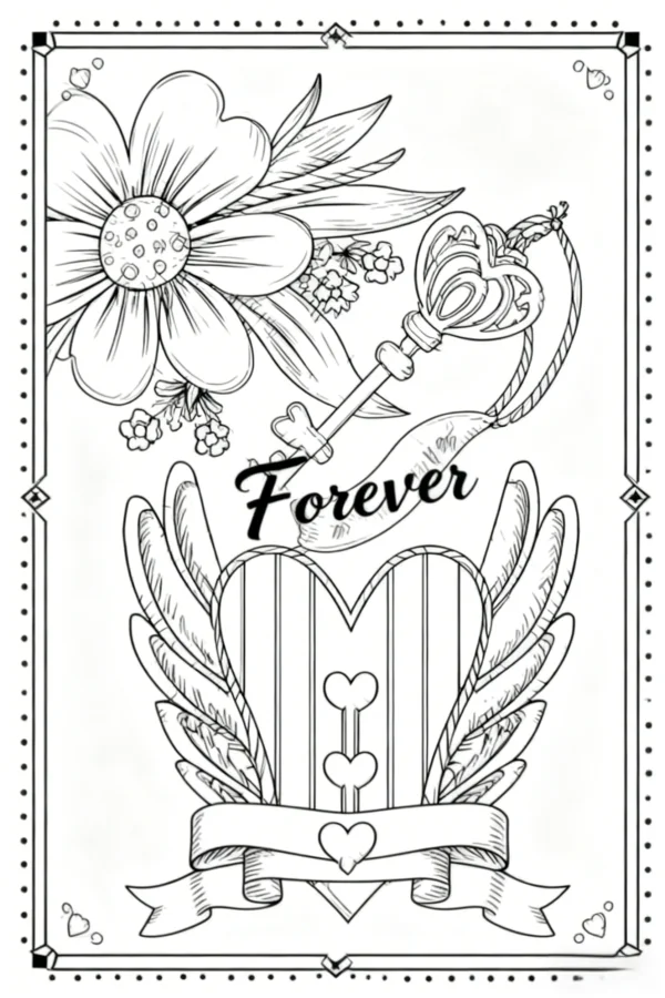 Winged heart with flowers and vintage key, retro illustration style — free printable flowers coloring book page