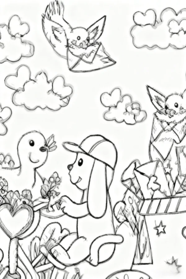 Cute dog wearing a cap riding a bicycle with animal friends including a little bird and a fox carrying an envelope, cartoon style — free printable friendship coloring book page