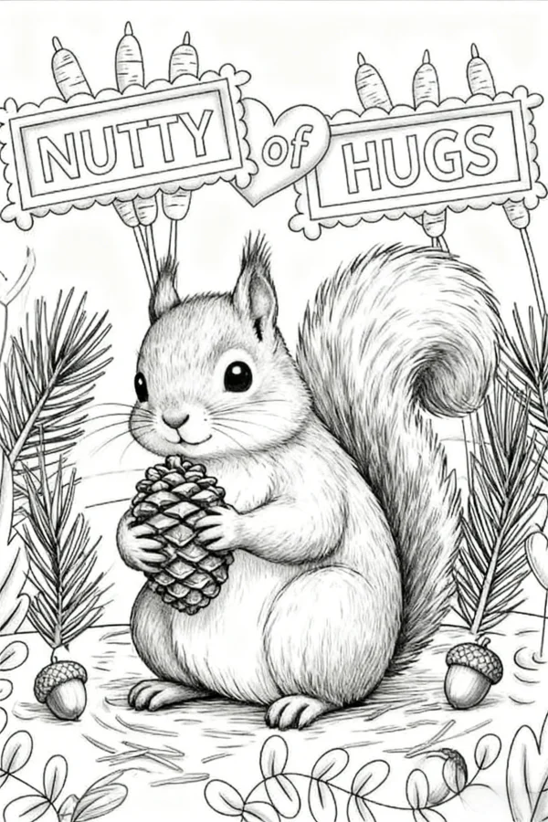 Cute squirrel holding a pine cone, cartoon style — free printable animals coloring book page