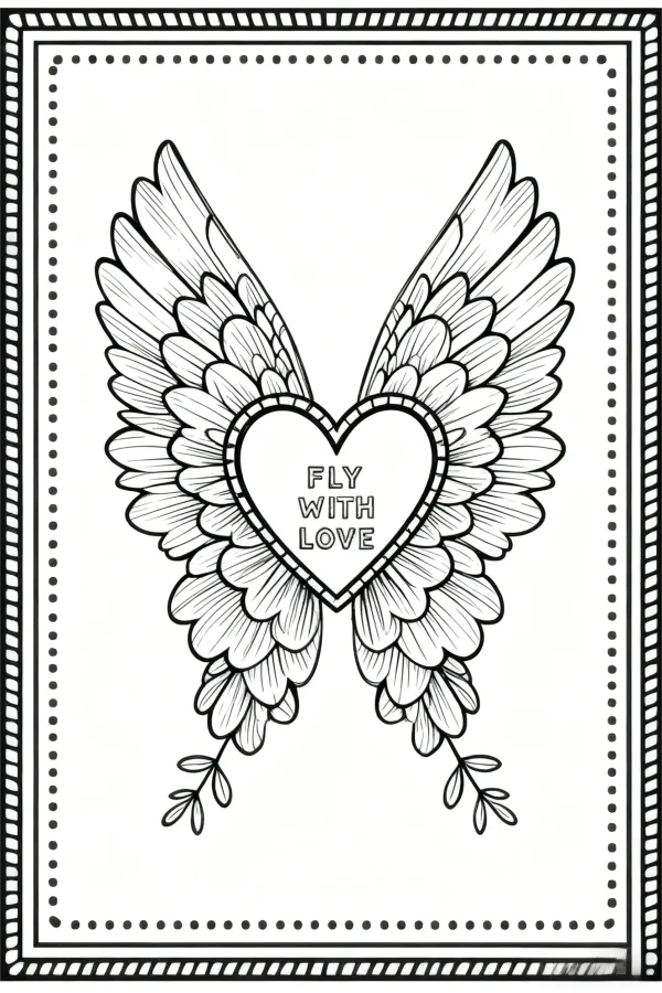 Heart with angel wings, minimalist style — free printable love coloring book page
