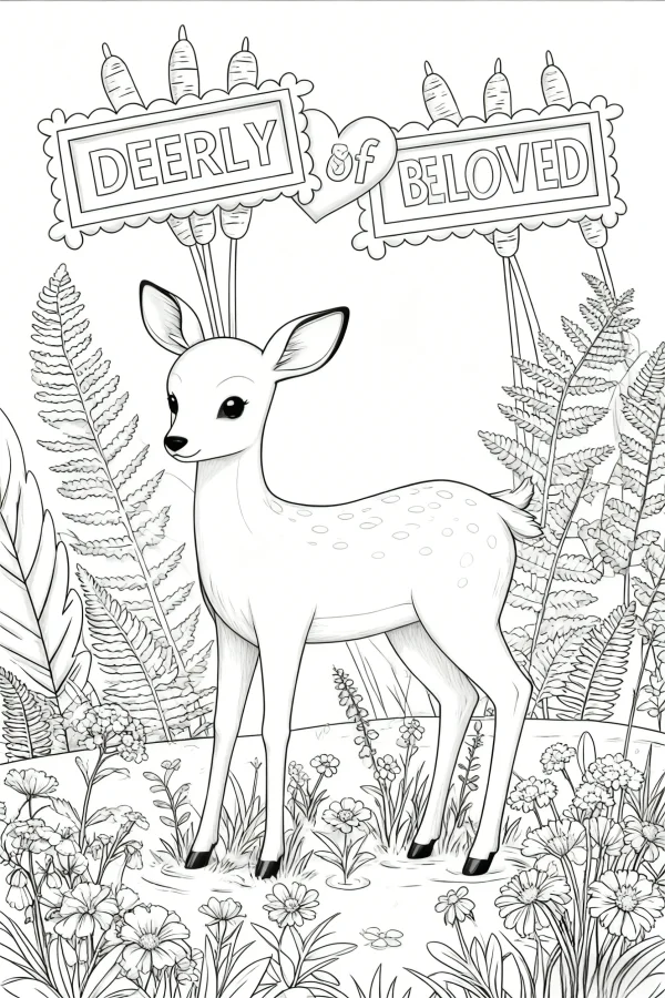 Cute fawn in a meadow with ferns and wild flowers, cartoon style — free printable animals coloring book page