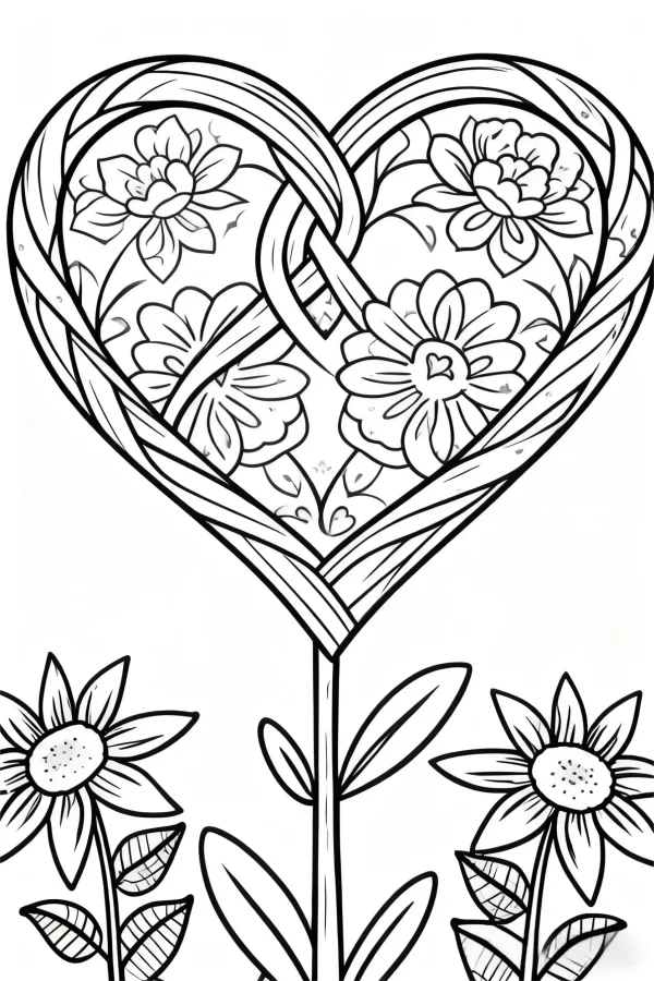 Heart-shaped floral plant with interior flowers and sunflowers at the bottom, cartoon style — free printable love coloring book page