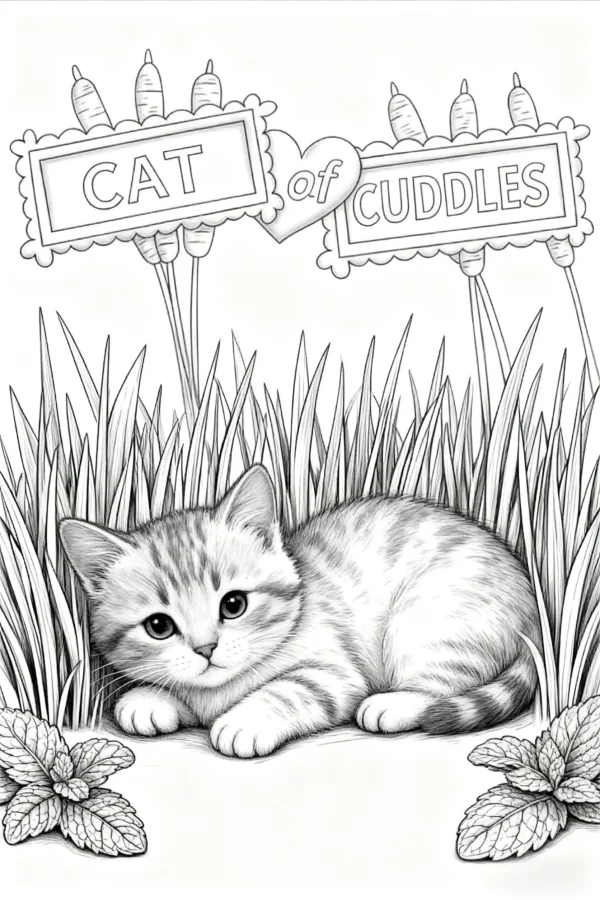 Cute lying kitten, sketch cartoon style — free printable animals coloring book page