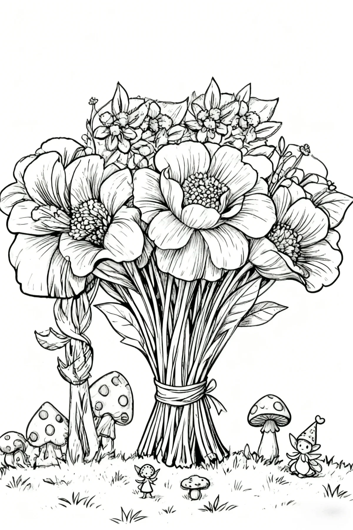 Bouquet of large blooming flowers with small fairies and spotted mushrooms on grass, cartoon illustration style — cartoon style — moderate detail — line art coloring page — for kids and adults of all ages