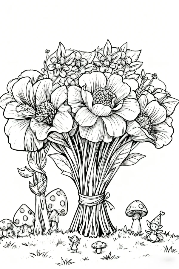 Bouquet of large blooming flowers with small fairies and spotted mushrooms on grass, cartoon illustration style — free printable flowers coloring book page