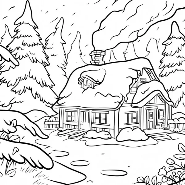 Snow-covered country cottage, cartoon style — free printable winter coloring book page