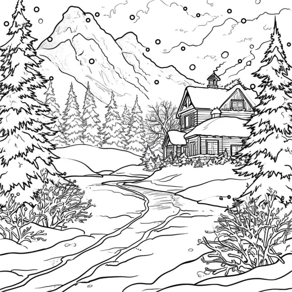 Winter countryside cabin in snow scene, realistic illustration style — free printable natural scenery coloring book page