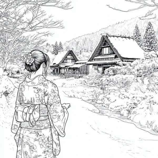 Back view of woman in traditional kimono with floral patterns, japanese winter village scene with gassho-zukuri houses — free printable natural scenery coloring book page