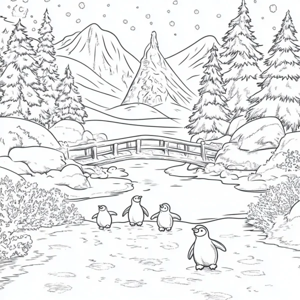 Penguins in a snowy stream, cartoon style — free printable animals coloring book page