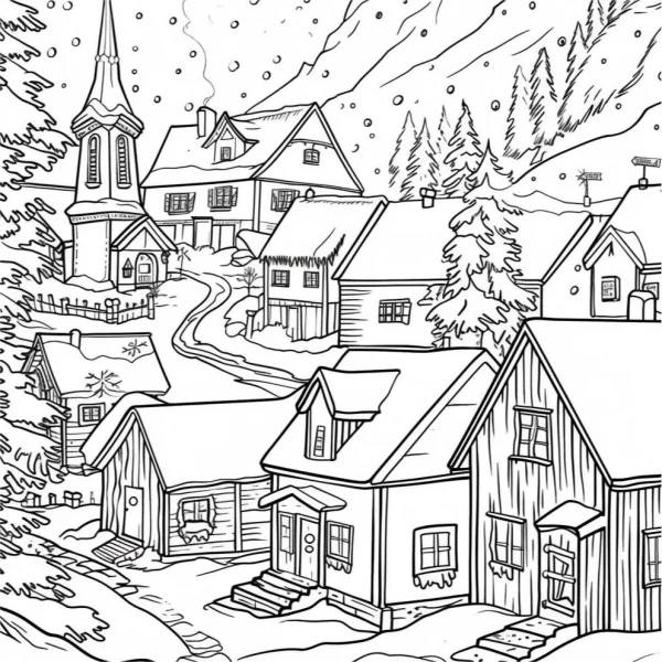 Winter christmas town, realistic line art style — free printable natural scenery coloring book page