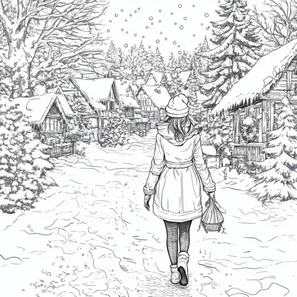 Back view of a girl walking in a snowy winter town, realistic line art style — free printable life coloring book page