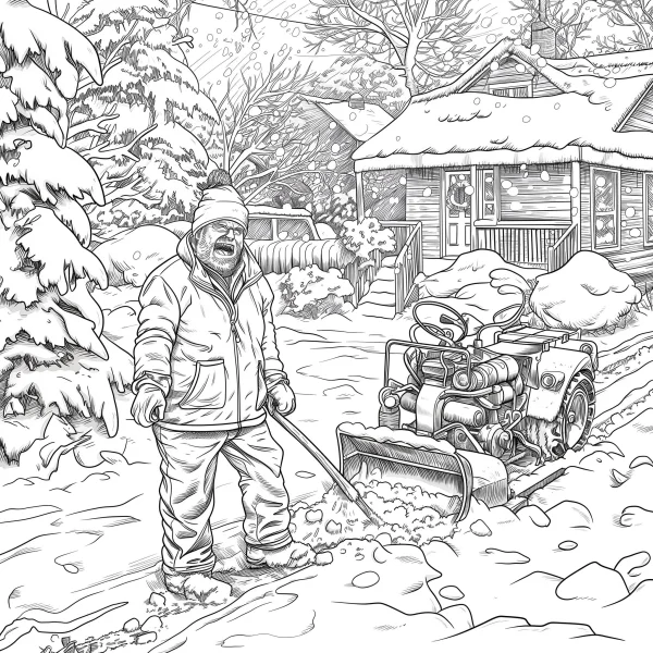 Man shoveling snow in winter, realistic style — free printable life coloring book page