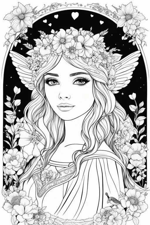 Angel girl with floral crown and wings, surrounded by various flowers and vines — free printable imagination coloring book page