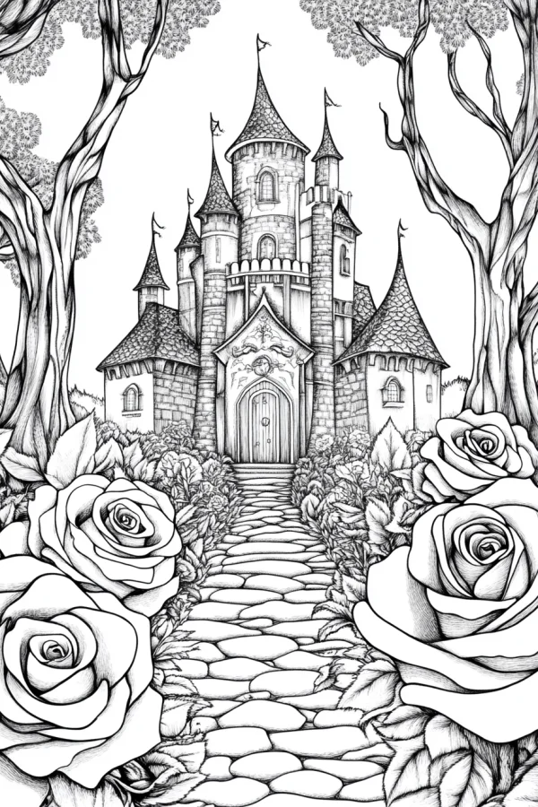 Fairytale castle with roses, stone path leading to the castle surrounded by trees and plants — free printable imagination coloring book page