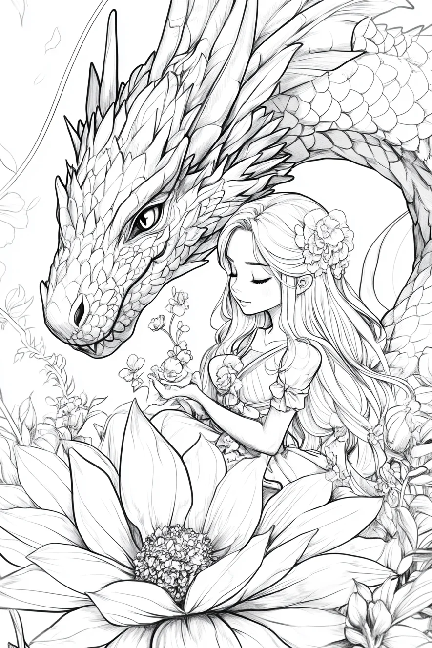 Long-haired girl with giant dragon, fairy tale fantasy style — cartoon style — moderate detail — line art coloring page — for kids and adults of all ages