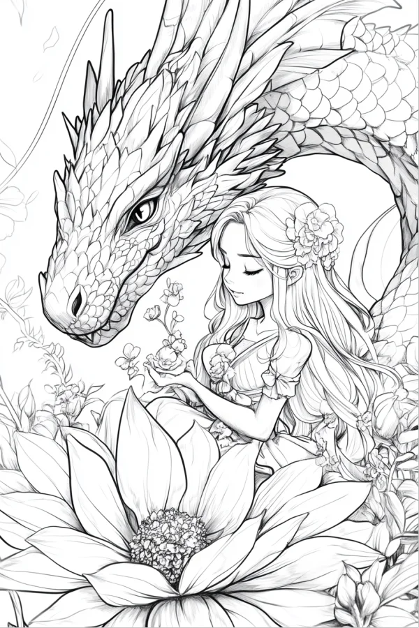 Long-haired girl with giant dragon, fairy tale fantasy style — free printable imagination coloring book page