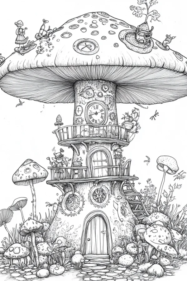 Fantasy mushroom house with tiny elves, fairy tale and whimsical style — free printable fantasy coloring book page