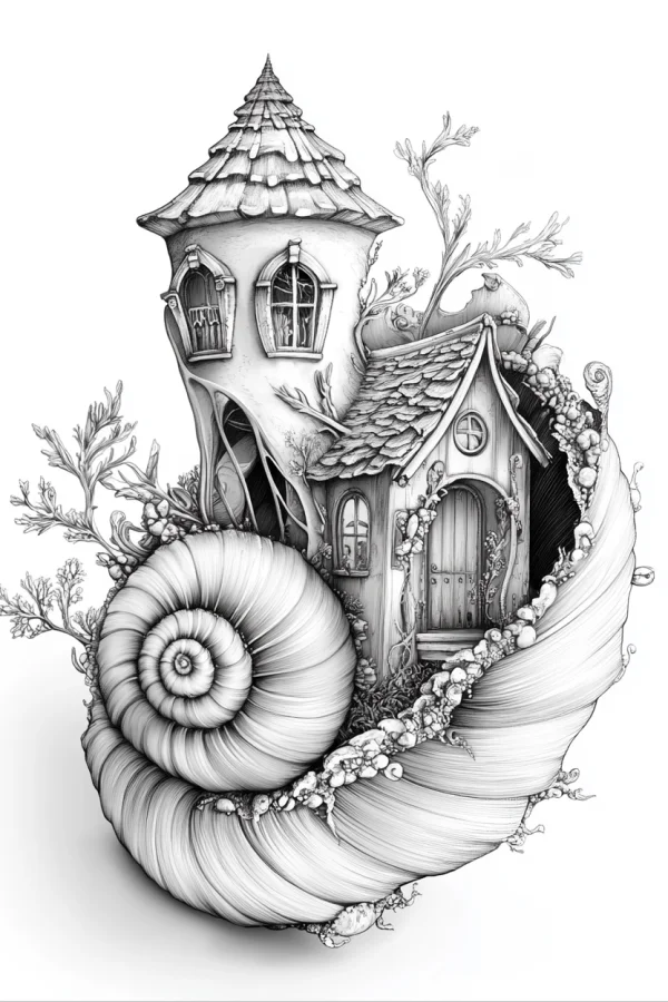 Conch shell with fairy tale cottage and tower, fantasy fairy tale style — free printable fantasy coloring book page