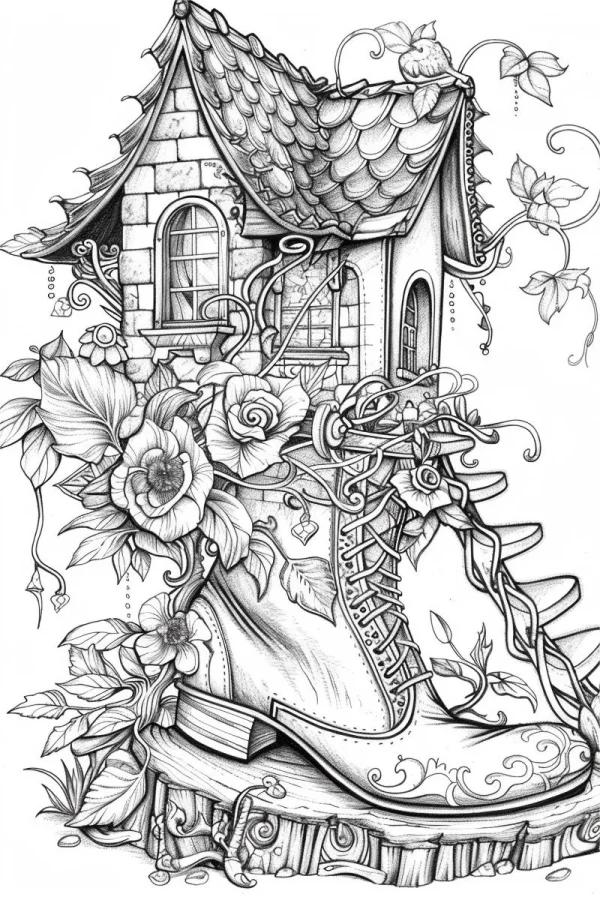 Fairy tale house shaped like a leather boot, with tiled roof and arched windows — free printable imagination coloring book page