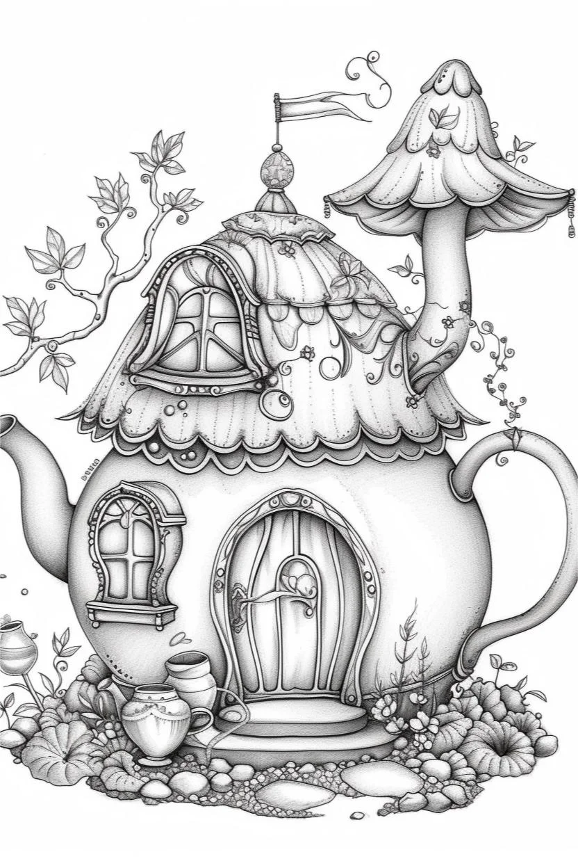 Teapot-shaped fairy tale house, fairy tale style — moderate detail — line art coloring page — for kids and adults of all ages