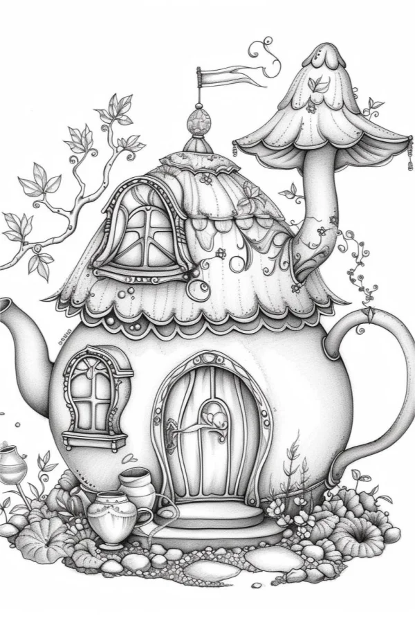 Teapot-shaped fairy tale house, fairy tale style — free printable fantasy coloring book page