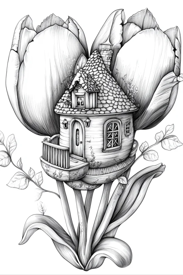 Tulip fairy tale cottage, fairy tale style — free printable fantasy coloring book page