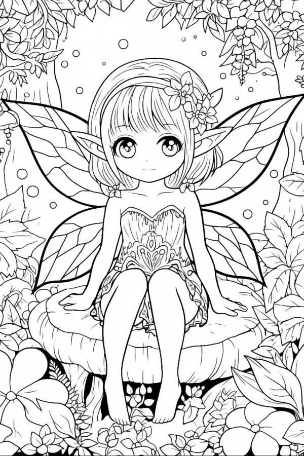 Cute forest fairy girl sitting on a mushroom, cartoon illustration style — free printable elves coloring book page