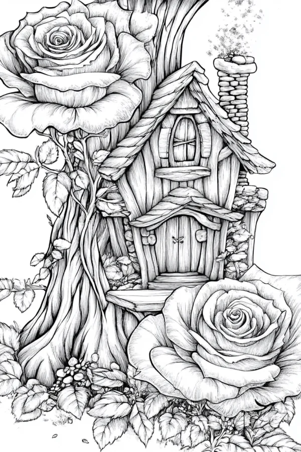Tree house surrounded by large blooming roses, fairy tale style — free printable imagination coloring book page