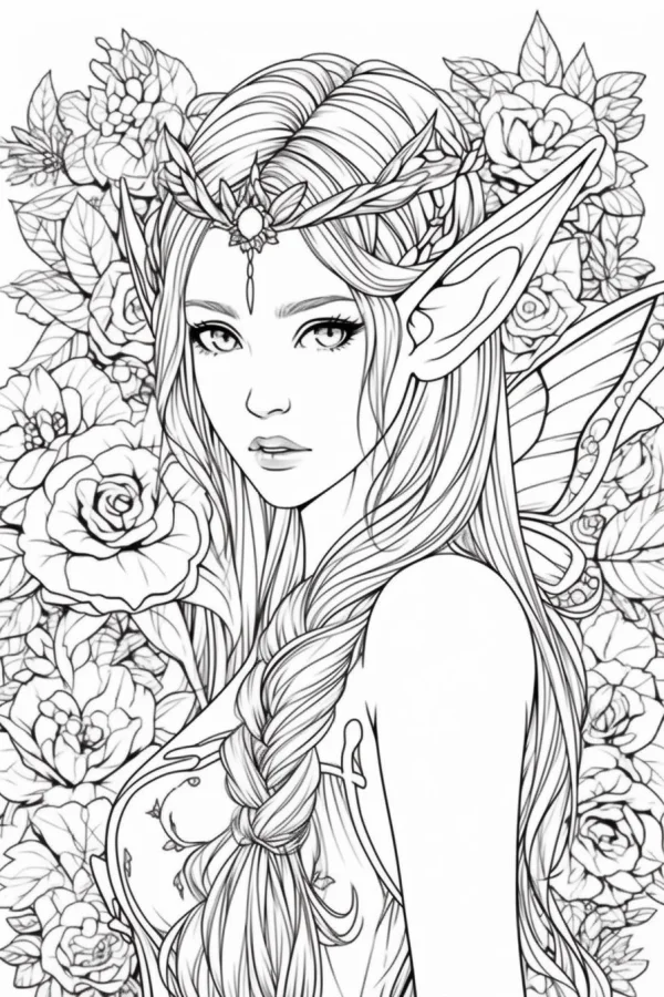 Elf girl surrounded by roses and various flowers, anime style — free printable fantasy coloring book page