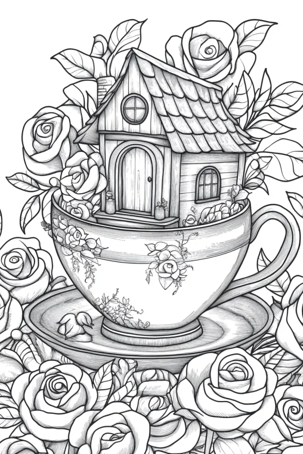 Tiny fairy tale house inside a teacup on a saucer, surrounded by detailed roses and leaves — free printable imagination coloring book page