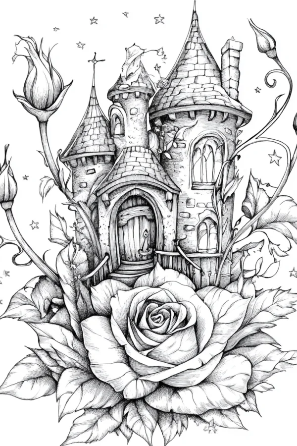 Fairy tale castle surrounded by roses and rose buds, sketch style — free printable flowers coloring book page