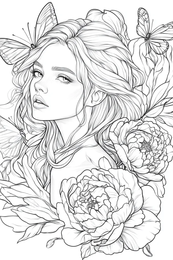 Long-haired girl surrounded by peonies and butterflies, illustration style — free printable imagination coloring book page